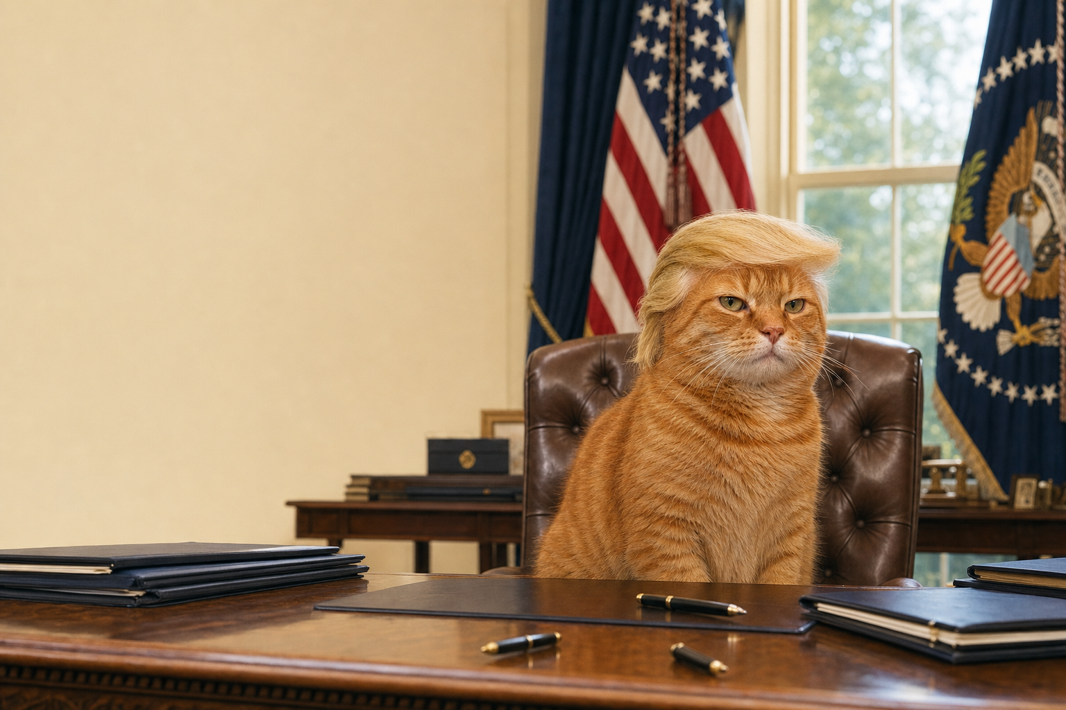 Trump Cat seated behind the Resolute desk in the Oval Office